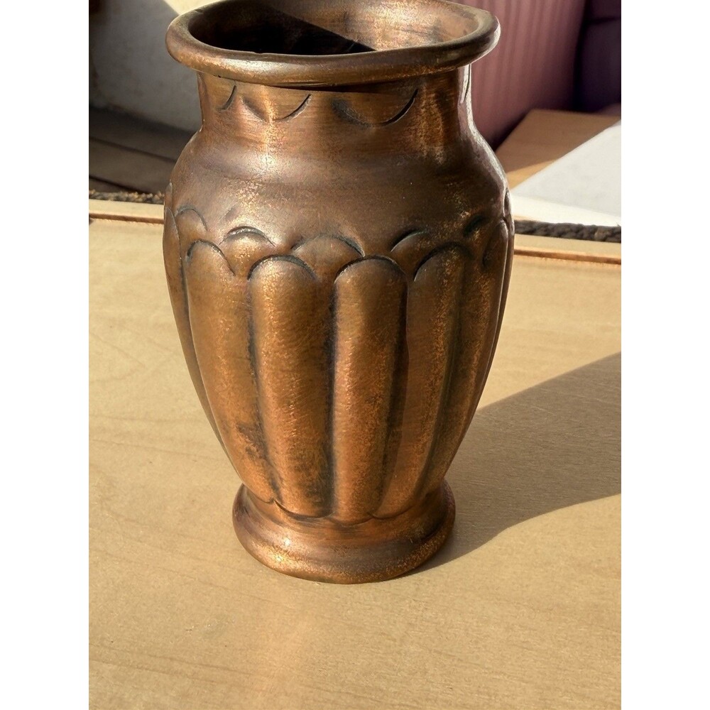 Vintage Ribbed Copper Vase With Scalloped Rim Detail